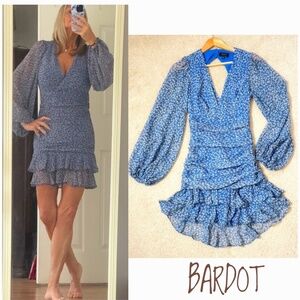 Bardot Mini Dress Ruched Waist Open Back Blue Ditsy Floral Long Sheer Sleeves